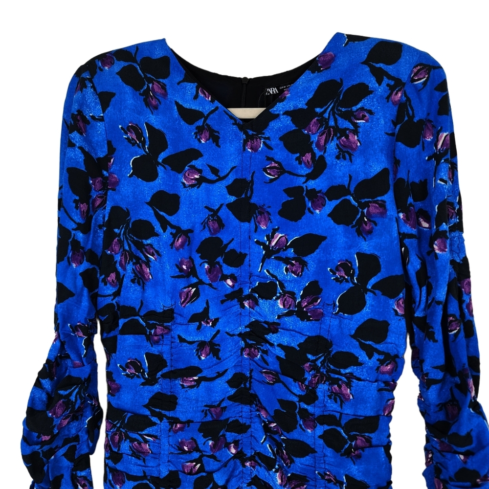 Zara Floral Ruched Long Sleeve Mini Dress - Picture 4 of 13